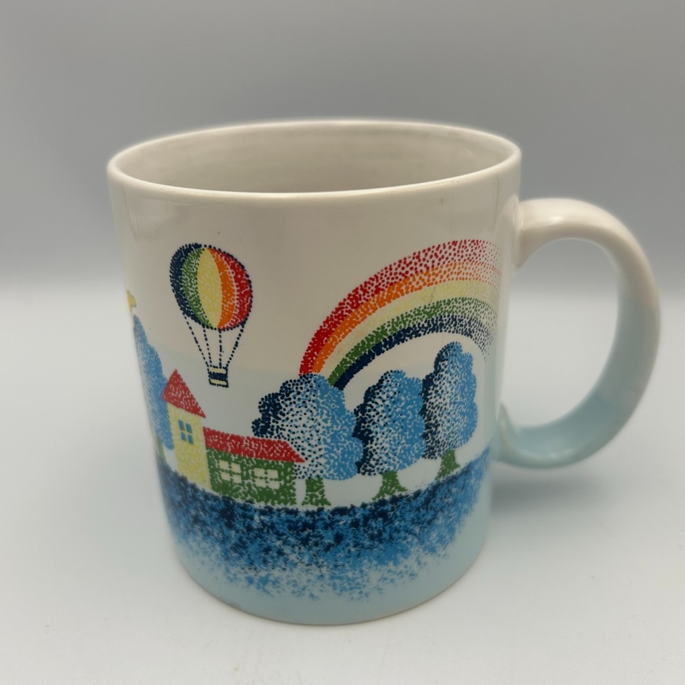 Vintage Otagiri Japan Stoneware Mug Rainbow Air Balloon Birds Polka Dot Art 80s